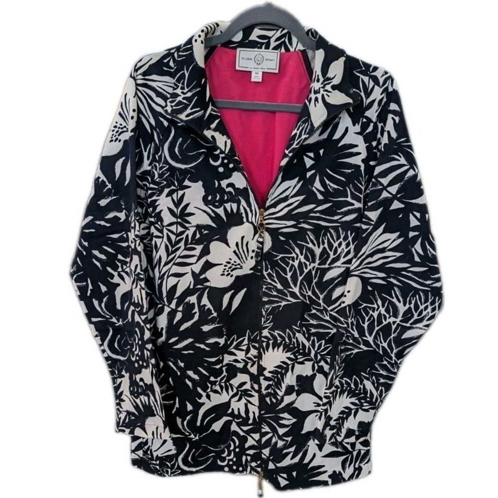 St. John Sport by Marie Gray M Floral Jacket Black & White Inside Pockets